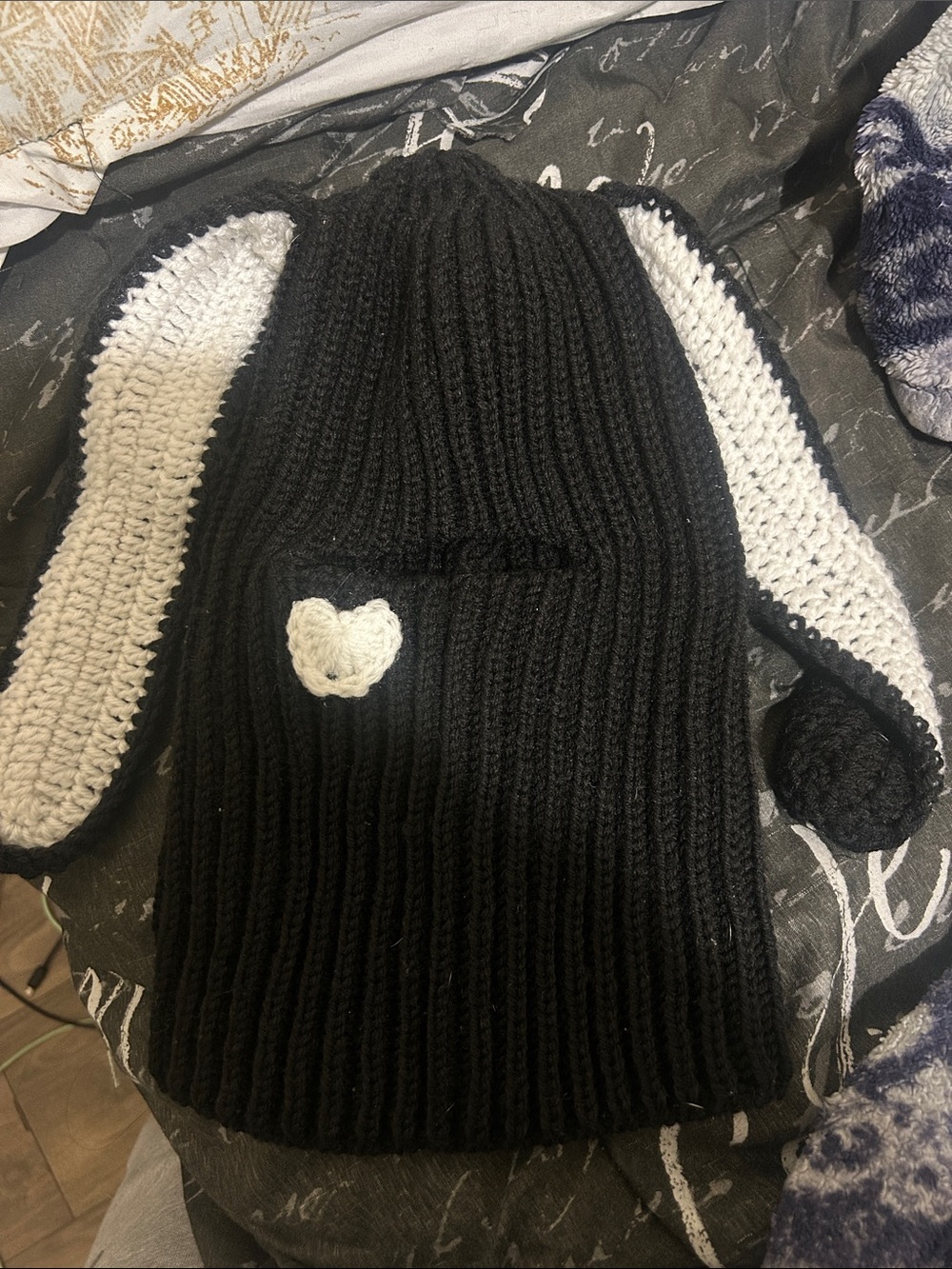 Dolls Kill Black and White Crochet Bunny Ear Face Mask